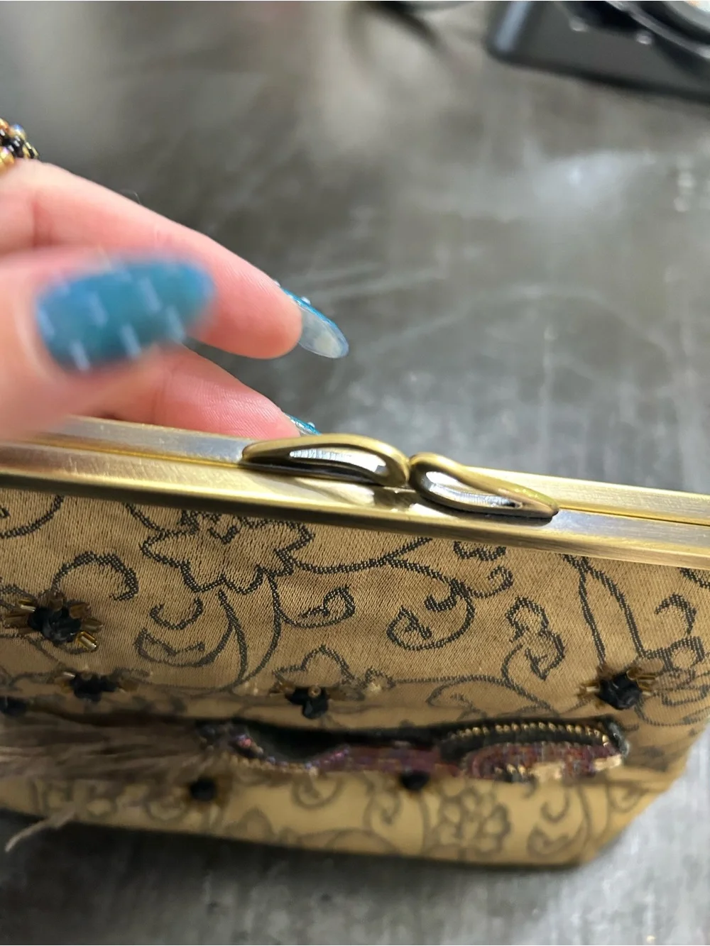 Embroidered Gold Evening Handbag with Beaded Heel Motif